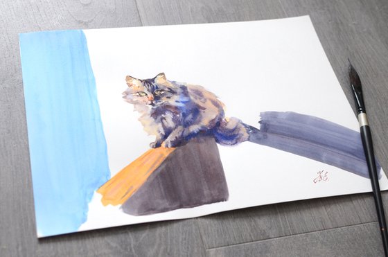 Stray cat in watercolor, Animal, Sun and shadows painting