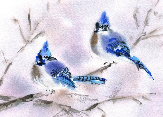 Blue jays original watercolour painting with blue birds on branch, farmhouse painting decor for home gift idea