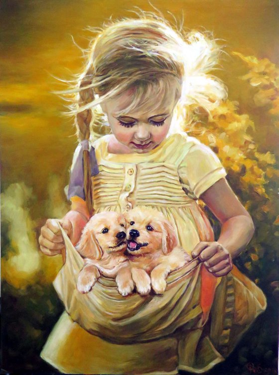Commission Girl with Poppies , Animals,Children, Contemporary Art