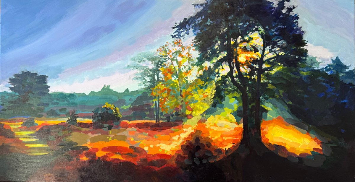 Impressionistic Landscape Acrylic Painting By Hannah Bruce, 38 X 20, Surrey Heathland Sunflare, Original Artwork
