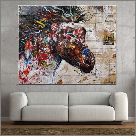 Ahiga Blue Stripe 120cm x 150cm Indian War Horse Book Page Urban Pop Art