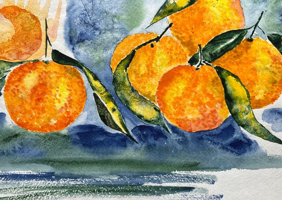 Tangerine Painting Citrus Original Art Orange Watercolor Fruit Still Life Artwork Small Wall Art 17 by 12" by Halyna Kirichenko