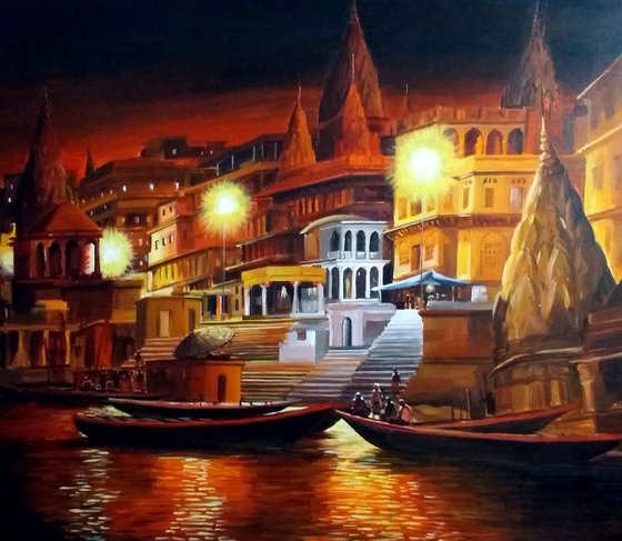 Beauty of Night Varanasi Ghats - Acrylic on Canvas Painting