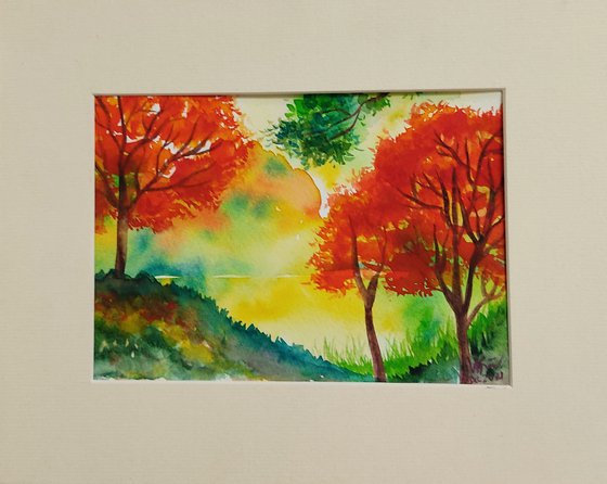 Autumn - Watercolour painting - gift - affordable art - matted artwork