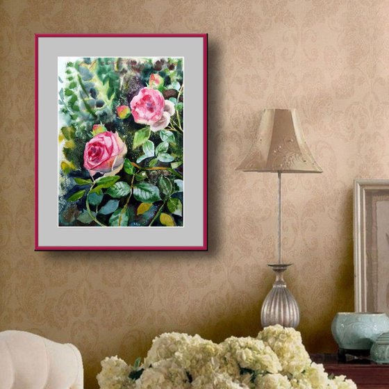 Pink Roses Watercolor Painting Loose Floral Aquarelle Art