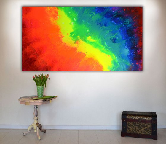 Into the Rainbow 2 - Large Painting, 130x70 cm, Abstract Painting, Modern Art Fauve Neogestural - Ready to Hang, Restaurant, Hotel, Office Wall Decor