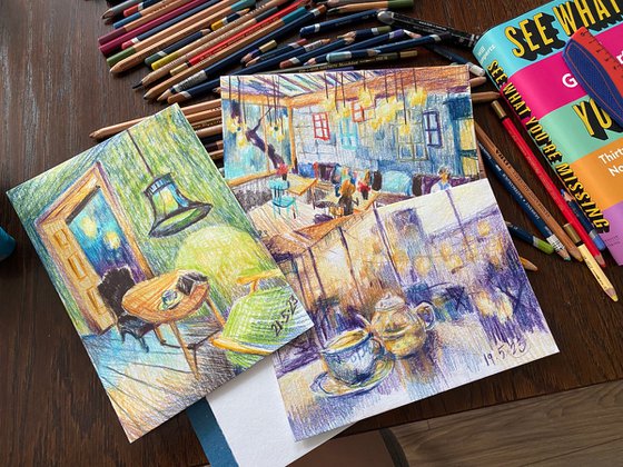 colorful cafe - pencil drawing
