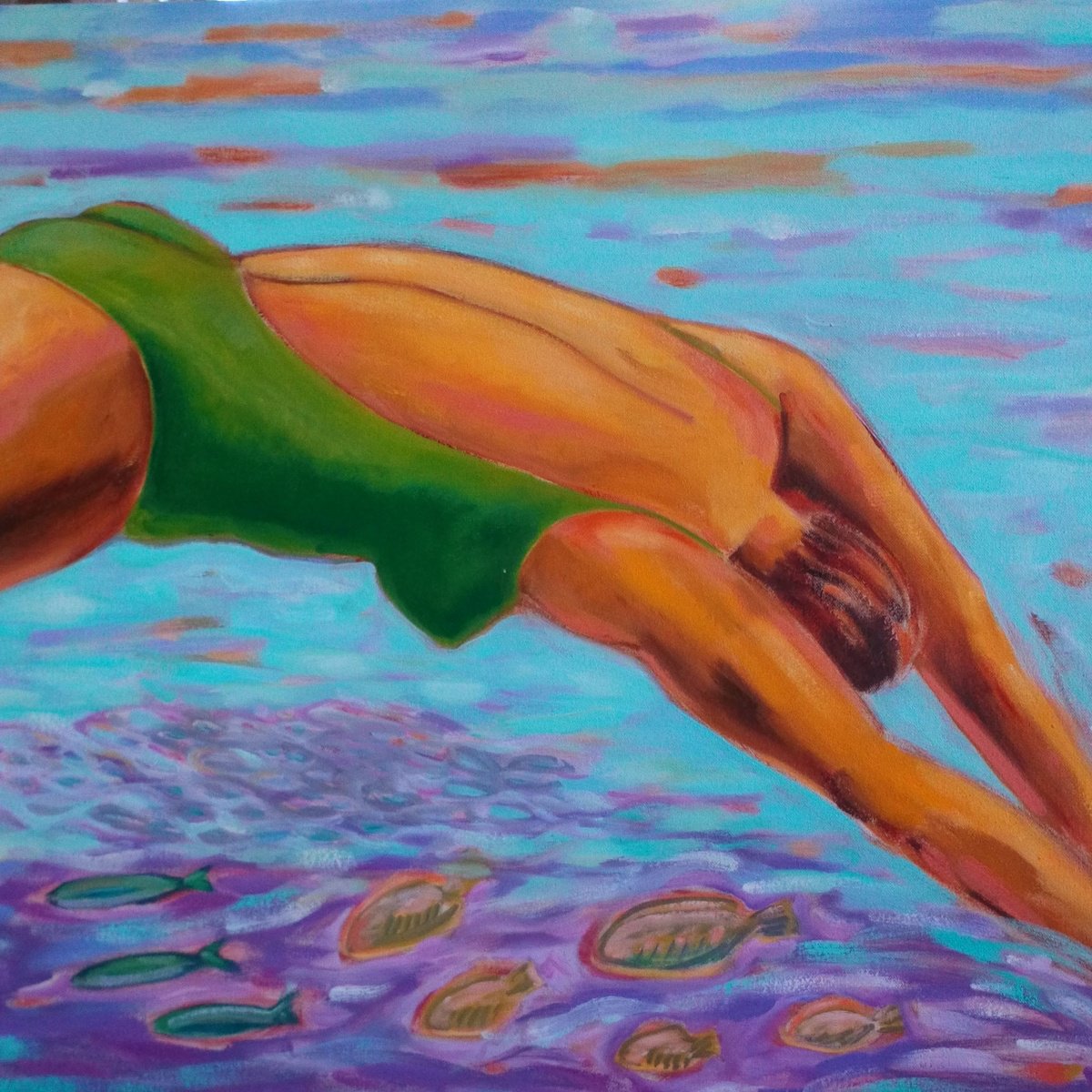 Impressionistic Portrait Oil Painting By Lorie Schackmann, 24 X 22", Diving Into Blue, Original Artwork