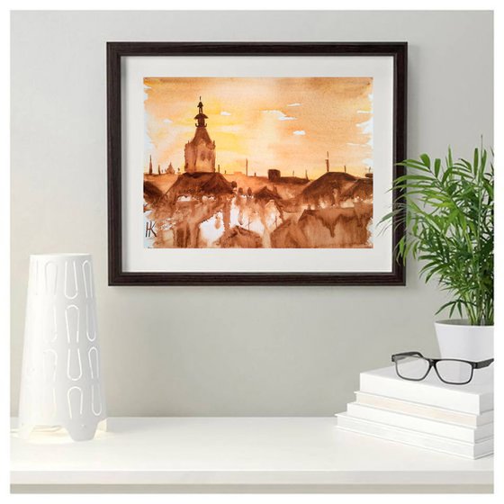 Lviv Painting Cityscape Original Art Ukraine Small Watercolor Artwork Home Wall Art 12 by 8" by Halyna Kirichenko