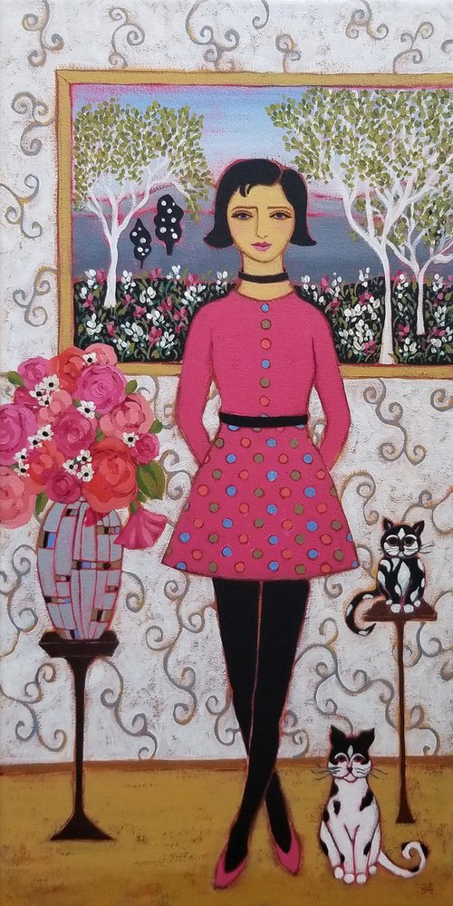 Woman with Cats & Birch Trees by Karen Rieger