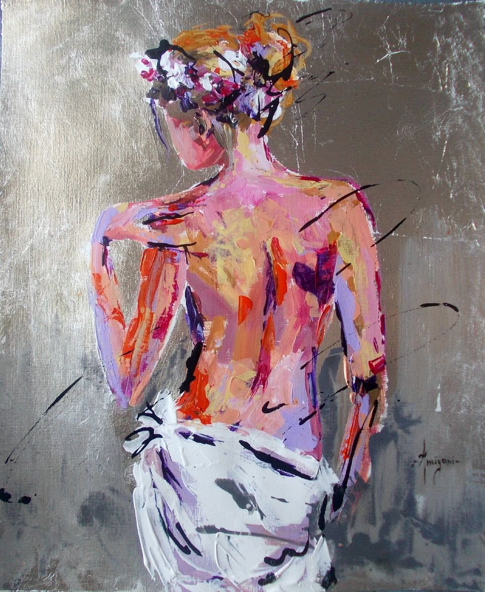 Silver Flower-Woman Acrylic Mixed Media Art on Paper by Antigoni Tziora