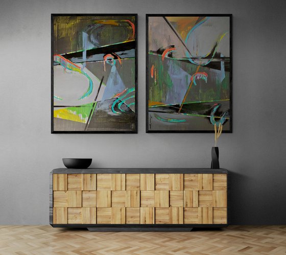 Super Big Abstract - "Space abstract" - Diptych - Geometric abstract - 90x260cm