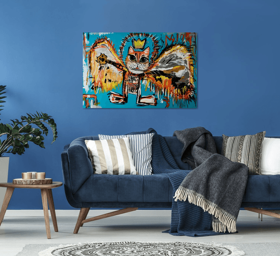 Reg king cat , fallen Angel, version of painting by Jean-Michel Basquiat