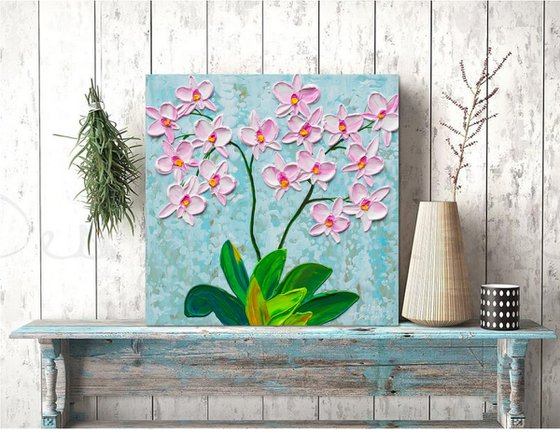 Winter Orchid II- Impressionist Flower Painting, Palette Knife Art