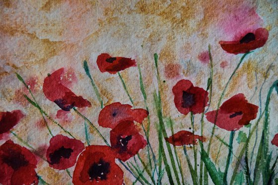 Floral watercolor painting on craft paper Red poppies with golden sky