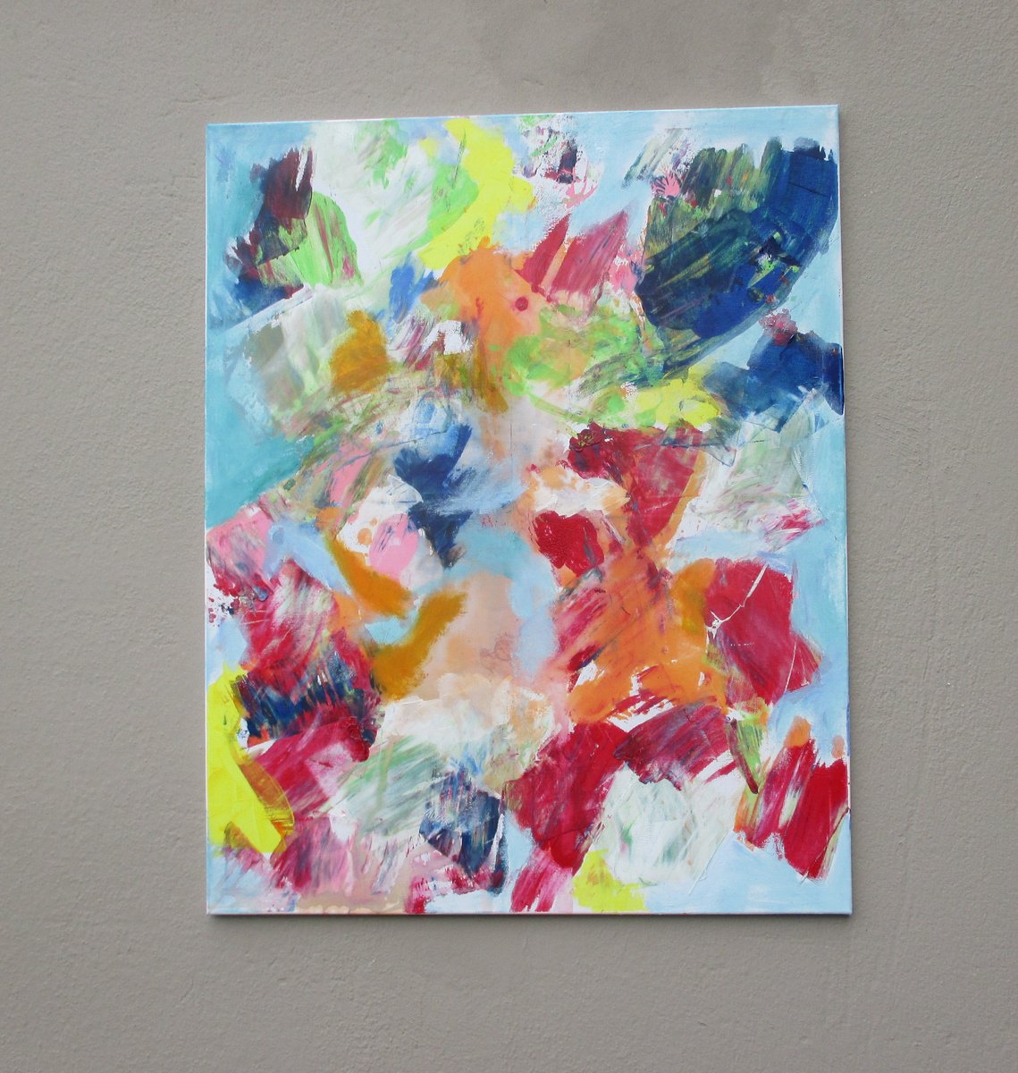 Abstract Oil Painting By Sonja Zeltner-Muller, 31 X 39", Peach And Blue Abstract Painting, Original Artwork