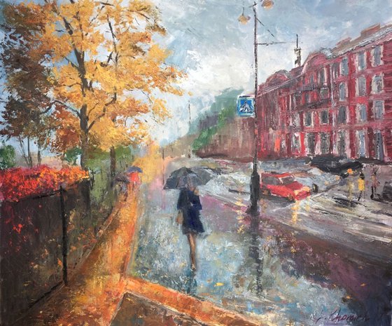 Rainy Days in the London (120x100cm) Realistic Landscape Painting Contemporary Art, Gift for her