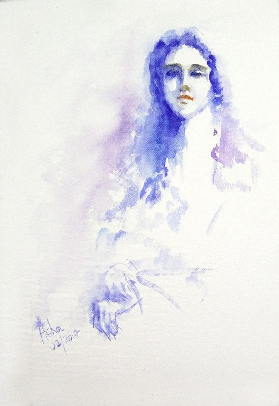 Woman in love The Endless Wait- Watercolor on handmade paper 11.75"x 8.25"