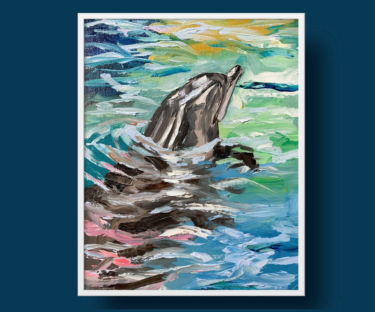 Impressionistic Animal Oil Painting By Vita Schagen, 9 X 12", Dolphin., Original Artwork