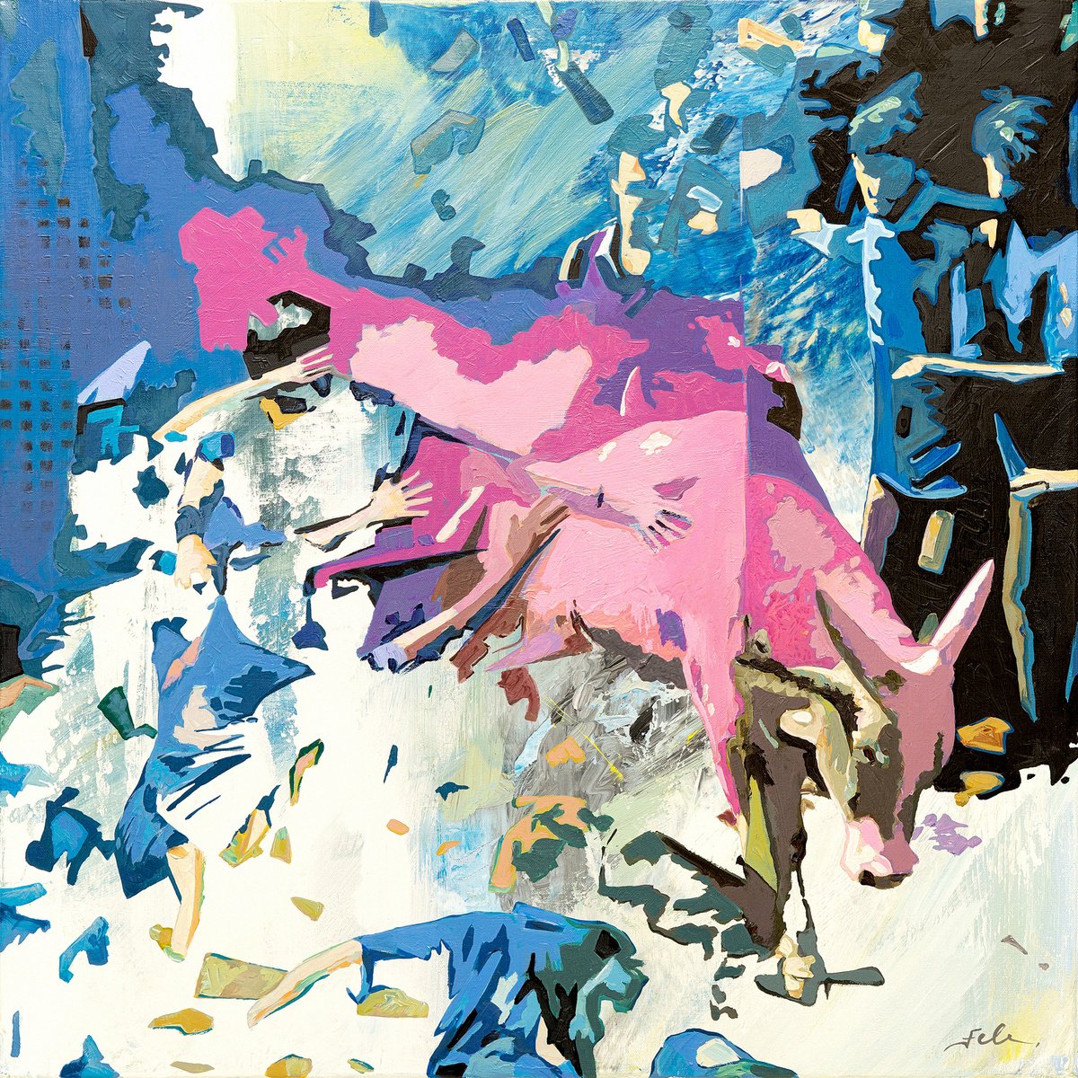 Expressive Animal Acrylic Painting By Uwe Fehrmann, 33 X 33", Escape Of Apis, Original Artwork