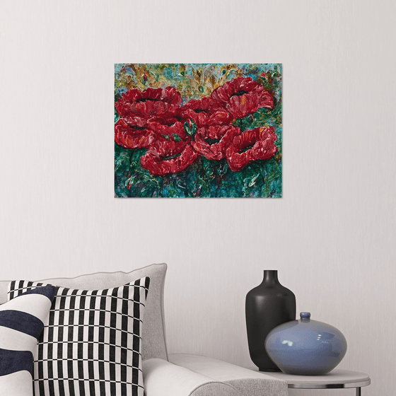 Decorative Modern Palette Knife Textured Painting of Fiery Meadow-Poppies 20" x 16" x 1.5"