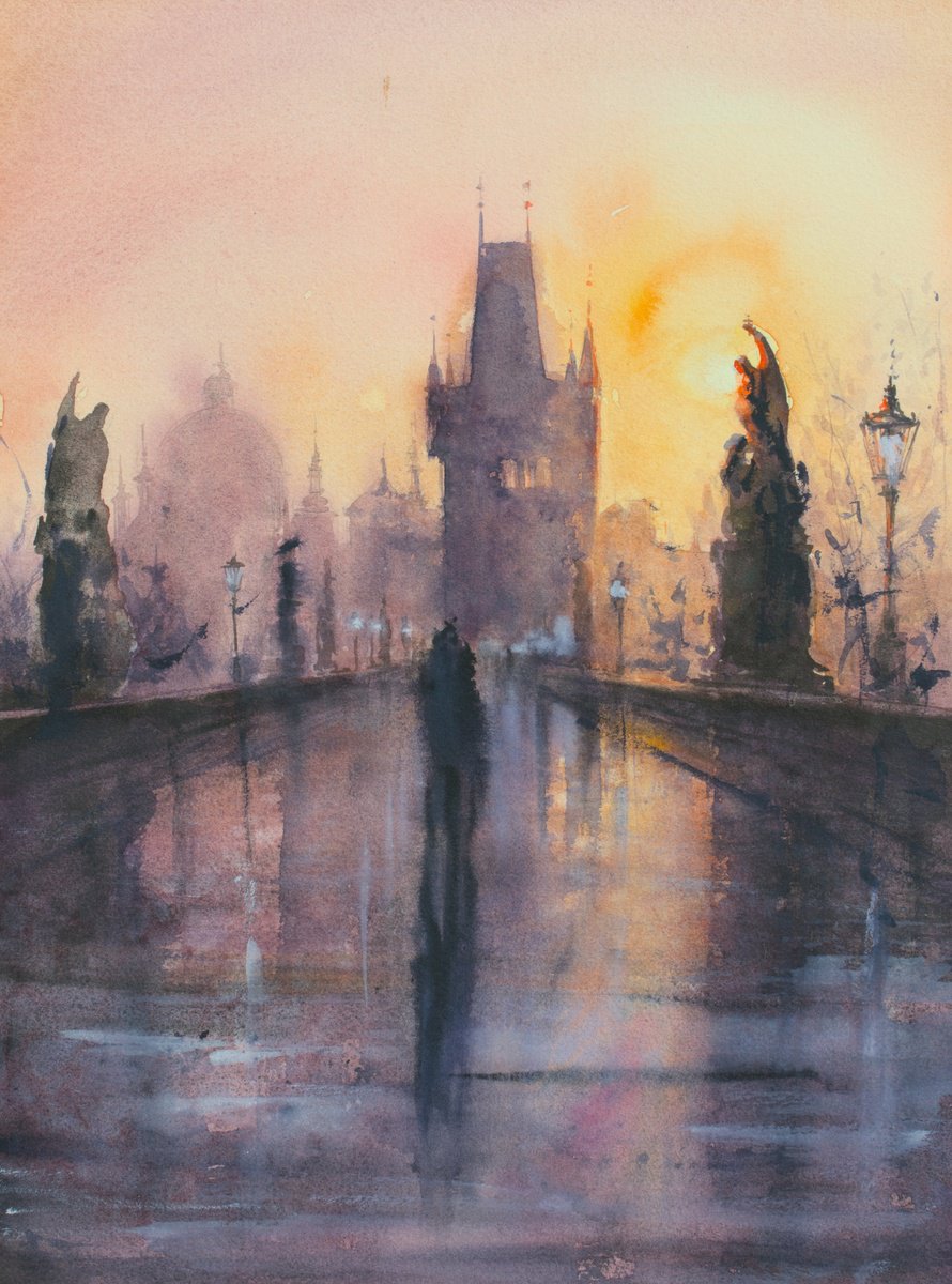 Impressionistic Cityscapes Watercolour By Eve Mazur, 12 X 16, Misty Morning In Prague, Original Artwork