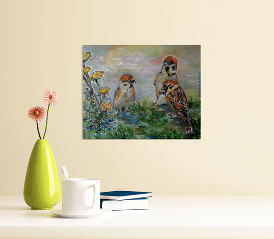 Sparrows and Dandelions Oil on Canvas Original Painting Impressionism Artwork