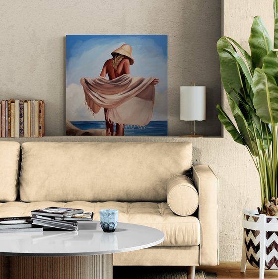 Girl with Beige Towel - Woman on Beach Painting