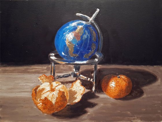 still life IX: two oranges and blue globe