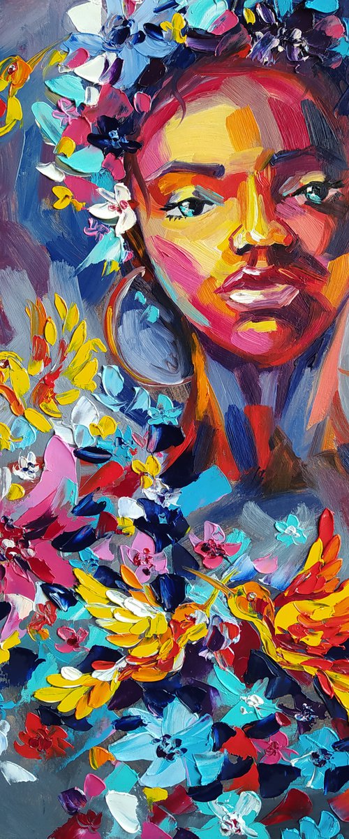 In the jungle - Africa, birds, flowers, woman, woman portrait, african woman, flowers and birds by Anastasia Kozorez