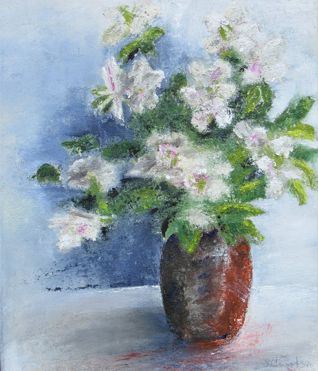 Impressionistic Botanical Painting By Sherry Edmondson, 24 X 28", Flowers In A Vase, Original Artwork