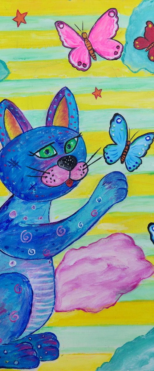 Cat playing with butterflies by Janekova Kristina