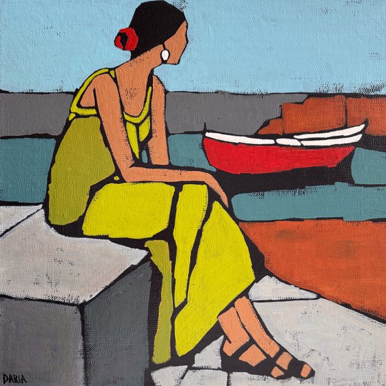 "Woman by the Water with Red Boat" 12x12in