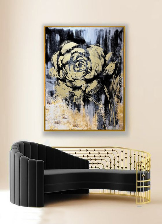 Golden Black abstract painting. Black and gold abstraction flower.  AMAZING GOLD