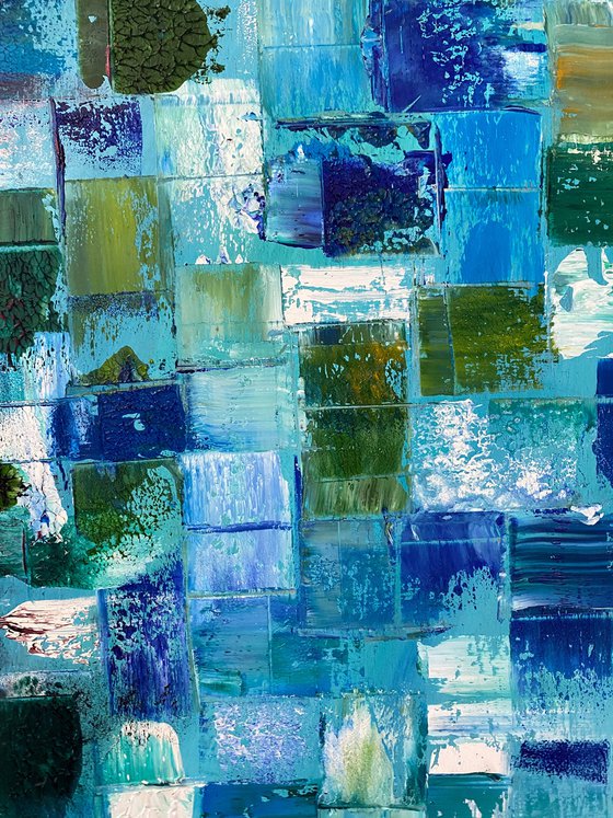 "Mosaic Squared" - Original Highly Textured PMS Abstract Oil Painting On Wood, Framed - 26" x 38"