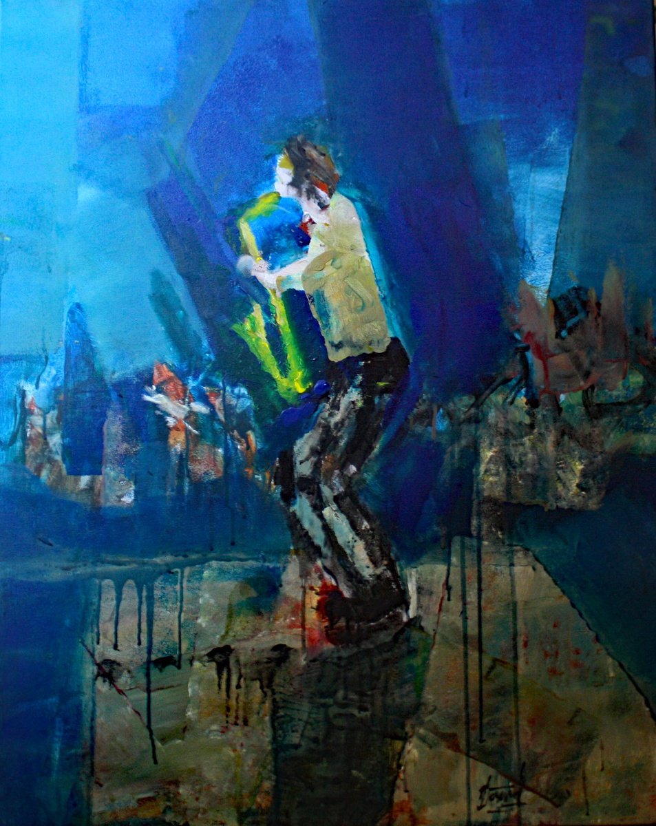 Expressive Portrait Acrylic Painting By Jacques Donneaud, 31 X 39, Saxophoniste Nuit D