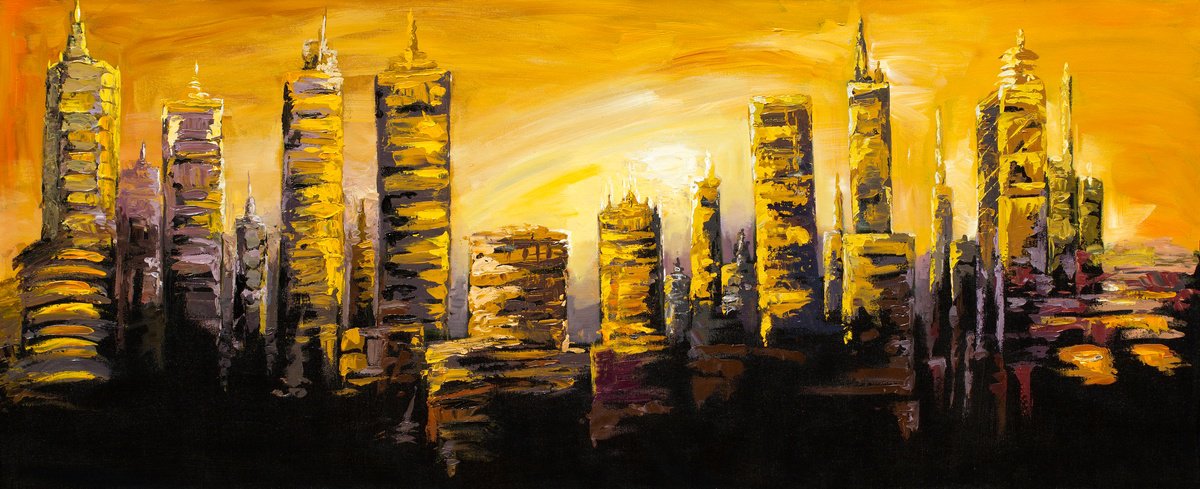 Urban And Pop Cityscapes Acrylic Painting By Madhav Singh, 75 X 33", Golden City, Original Artwork