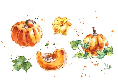 "Pumpkin in dotted drops. Expressive sketch" original watercolor illustration by Ksenia Selianko