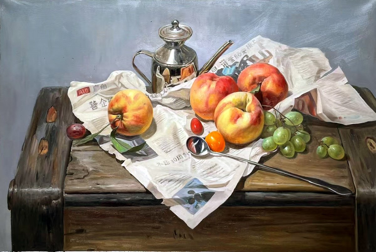 Photorealistic Still Life Oil Painting By Kunlong Wang, 35 X 24", Memory C243, Original Artwork