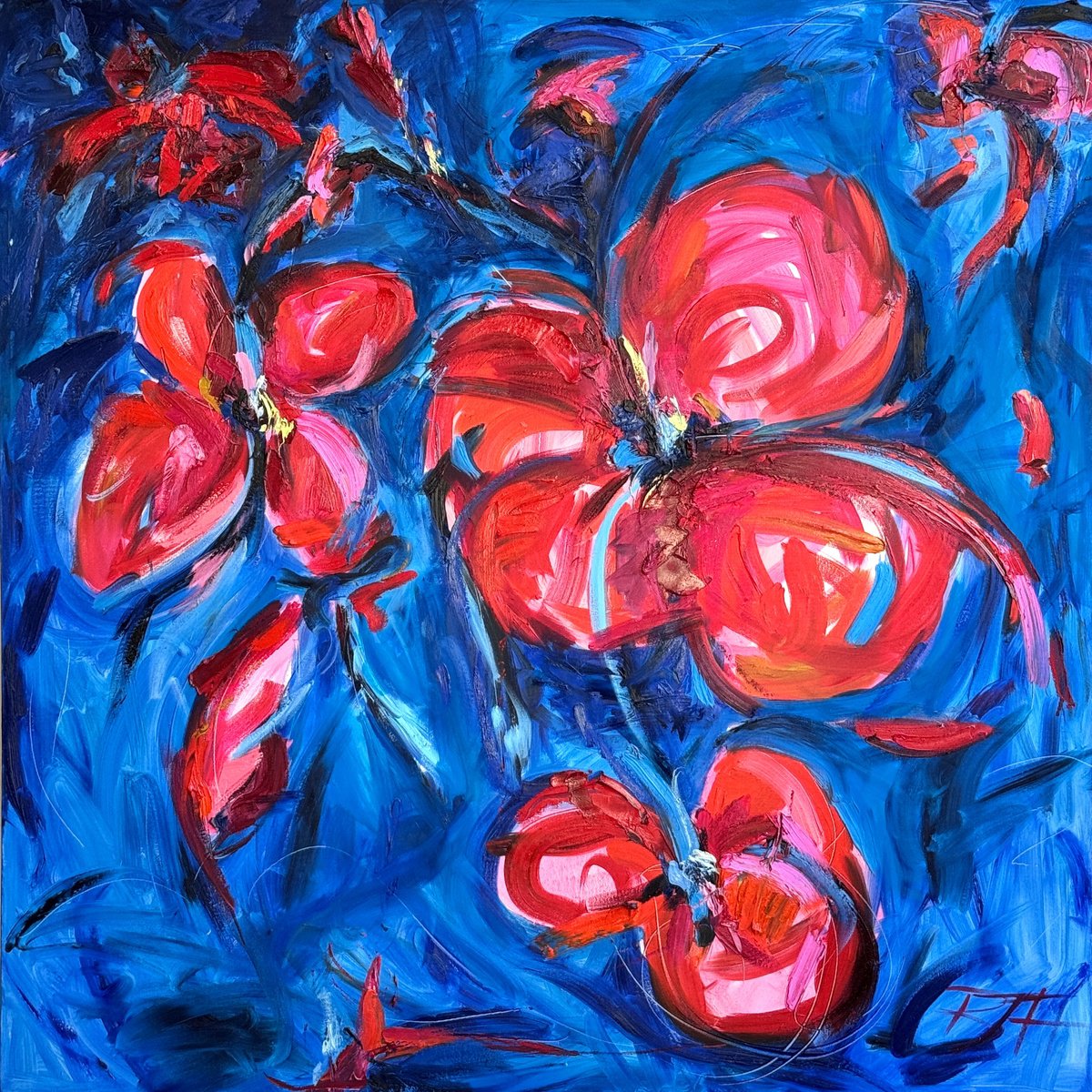 Expressive Botanical Oil Painting By Roberta Heslop, 48 X 48", Flourish, Original Artwork