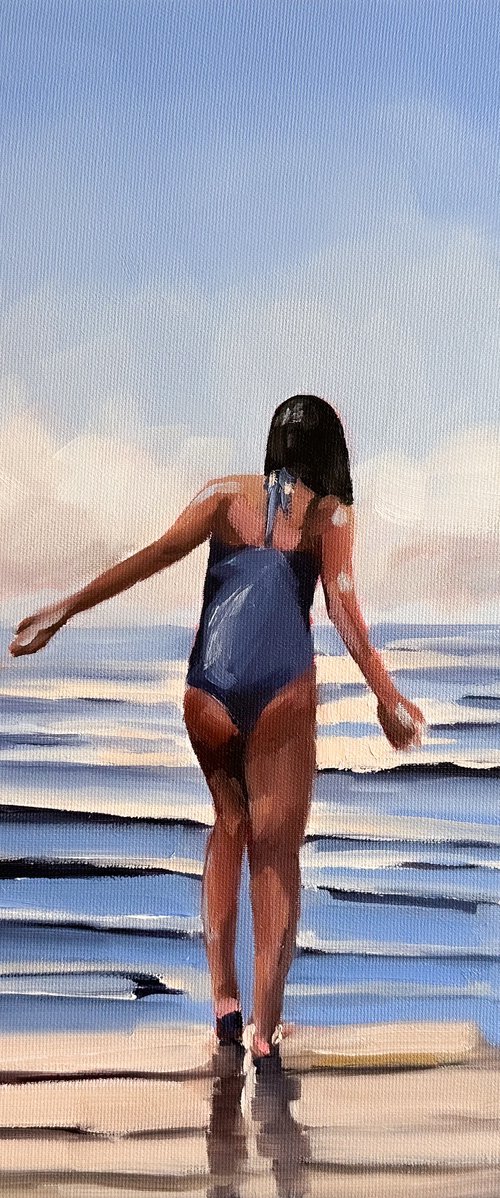 Girl on the Pier - Female Figure in Swimsuit Painting by Daria Gerasimova