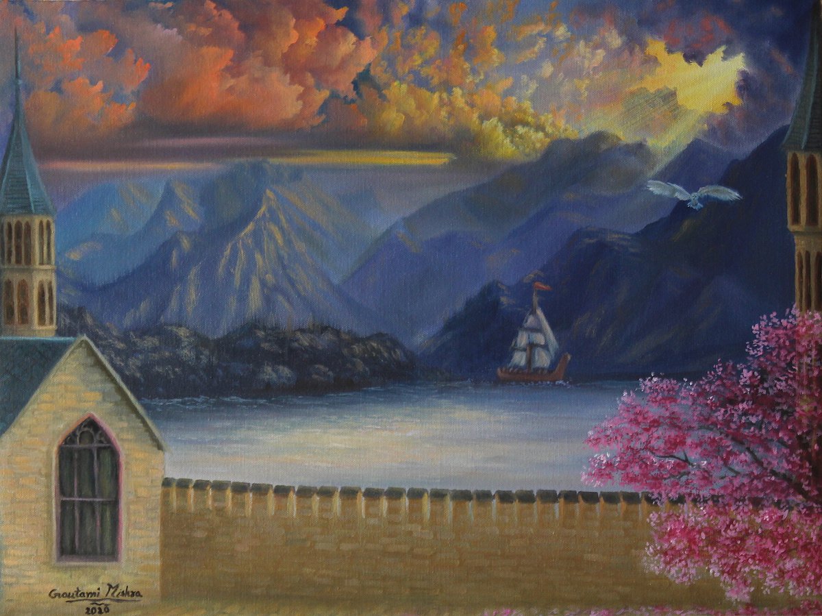 Mountain clouds castle - Harry Potter Landscape Painting by Goutami Mishra