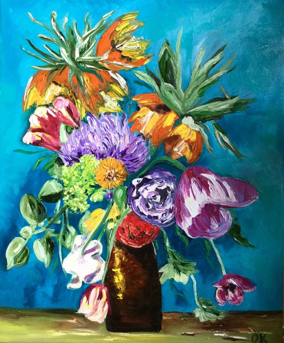 BOUQUET OF FRITILLARIA FLOWERS ON TURQUOISE  tulips, peonies, inspired by VINCENT VAN GOGH . palette knife modern  oil still life painting on blue purple pink yellow Dutch style office home decor gift