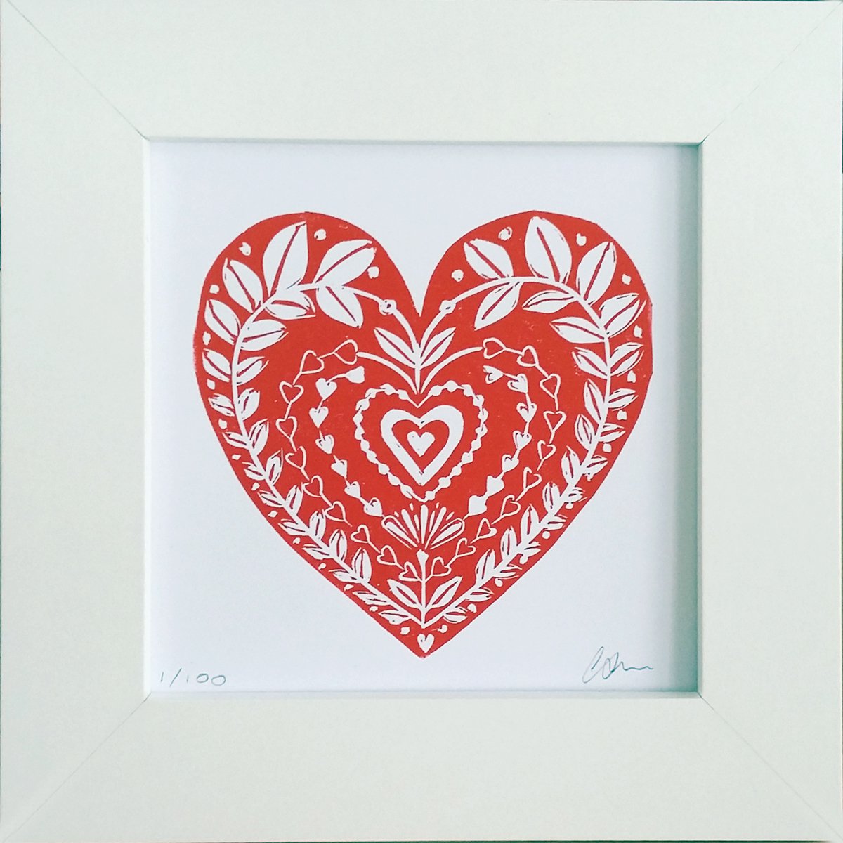 Heart - linocut print framed and ready to hang by Carolynne Coulson