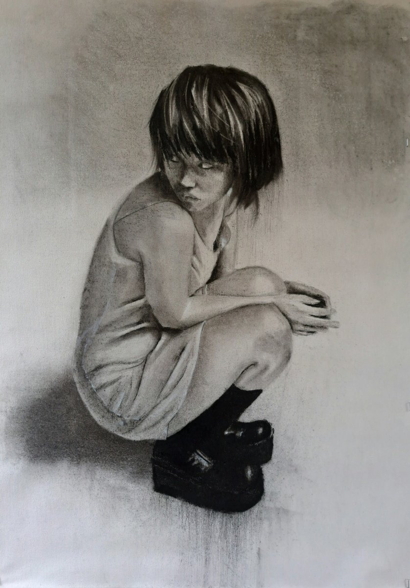 Expressive Portrait Charcoal Drawing By Lee Jenkinson, 22 X 31", Charcoal Girl, Original Artwork