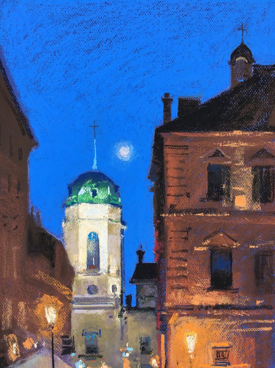 Night lights Ukrainian city of Lviv. Soft pastel drawing 25.5х12.7 inch (65x32.5 cm)