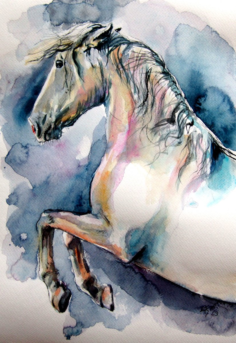 Impressionistic Animal Watercolour By Kovacs Anna Brigitta, 10 X 14", Playing Horse, Original Artwork