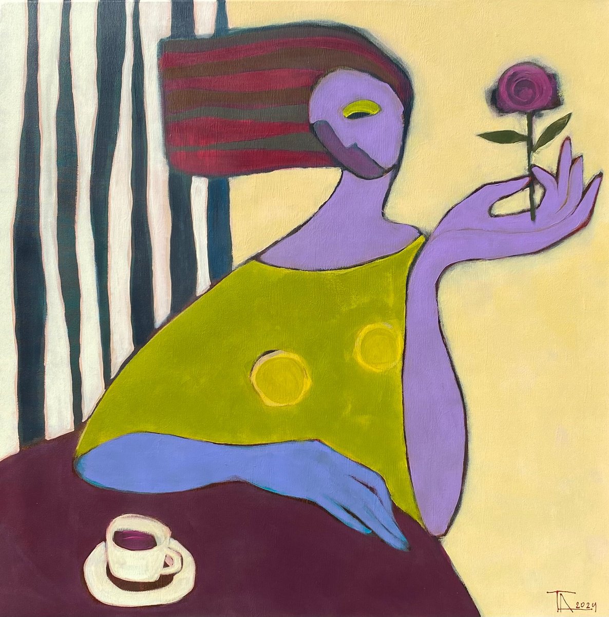 Expressive Portrait Acrylic Painting By Tatjana Auschew, 31 X 31", Memories Over A Cup Of Coffee., Original Artwork