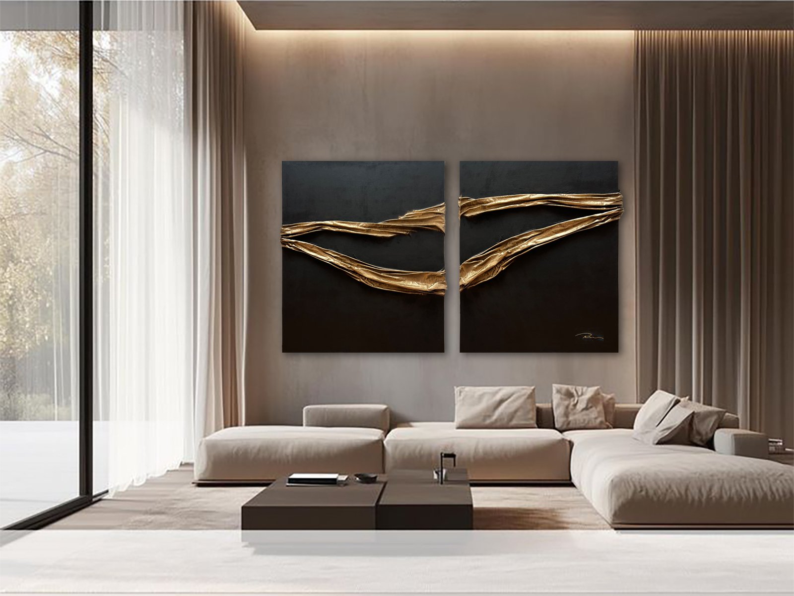 Abstract Acrylic Painting By Indie Ru, 79 X 47, Black And Gold Abstract Luxury, Original Artwork