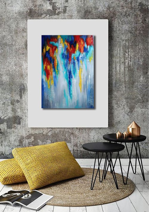Cold melancholy and warm inspiration - abstraction, oil, original oil painting on canvas, red and blue colors by Anastasia Kozorez